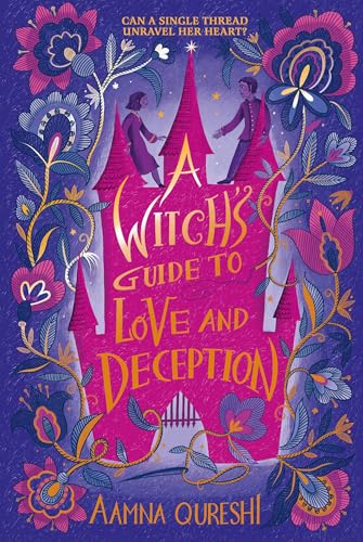 Book cover: illustrated castle, two figures, floral decorations, purple and pink tones.