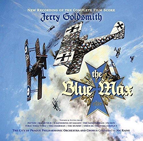 CD cover for “The Blue Max” film score, featuring biplanes and a cross.