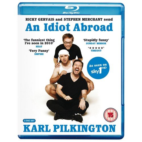 “An Idiot Abroad” Blu-ray cover featuring Karl Pilkington and two men.