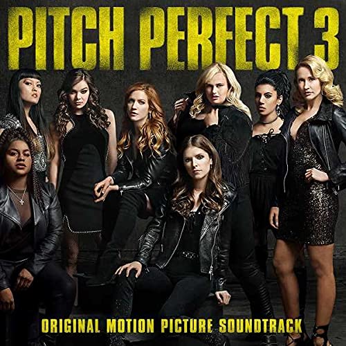 Pitch Perfect 3" CD cover featuring the film's cast in dark clothing.