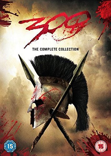 DVD cover for "300" featuring a Spartan helmet and spears.