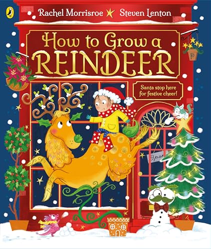 Book cover: child riding a reindeer in front of a festive window.
