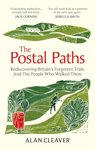 Book cover: green landscape, postal worker, red postbox, title "The Postal Paths".