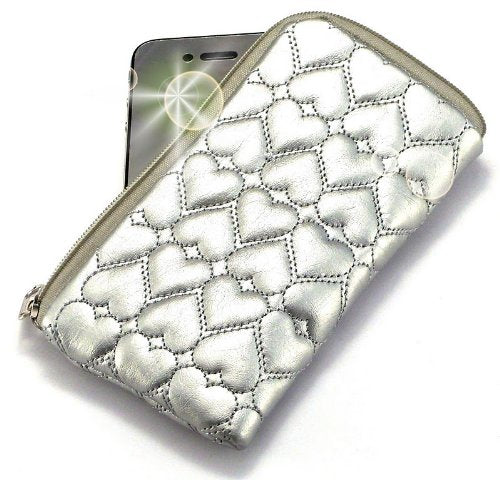 Robert Szewczuga Trio - "Miss" Luxurious Padded Wallet / Holder with Carrying Strap with "Dreamer" no. 10009 Gliter Phone Charm for LG KC910 Renoir . Unique Zipped Pouch / Case / Skin / Holster for Mobile Phone and Credit Cards - Silver . [CD]