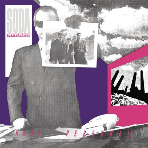 Soda Stereo album cover: a man in a suit with band photo face.