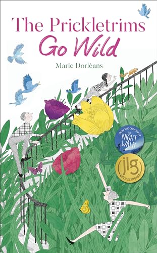 Book cover illustration featuring people climbing a staircase surrounded by giant flowers and birds.