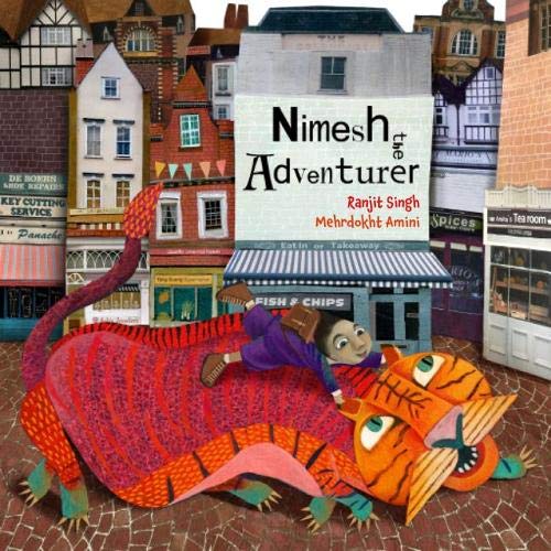 Colorful illustration of a young boy, Nimesh, in adventurous outdoor setting with backpack.