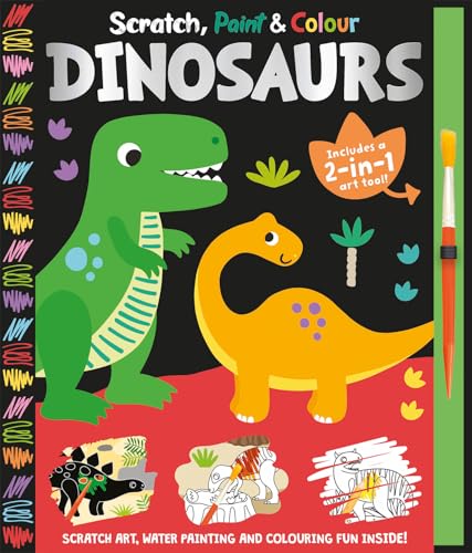 Colourful dinosaur illustrations with scratch-and-paint areas on a book or activity pad cover.