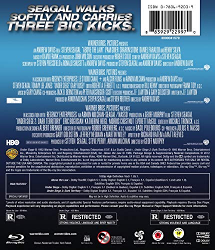 Blu-ray back cover for action films "Above The Law" and "Under Siege".
