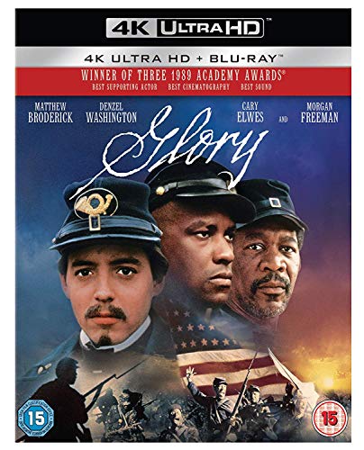 Glory" Blu-ray cover featuring Denzel Washington, Matthew Broderick, and Morgan Freeman in Union Army uniforms.