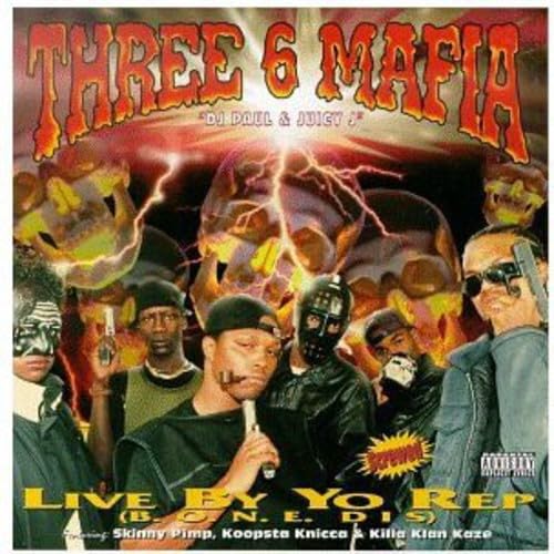 Three 6 Mafia album cover, featuring group members and fiery graphics.