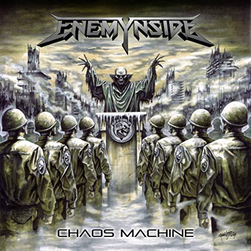 Album cover: skeletal figure over soldiers, dystopian city background.