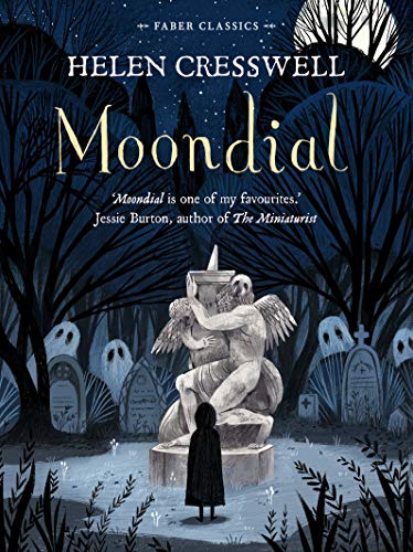 Book cover illustration showing a child standing before a stone angel in a graveyard.