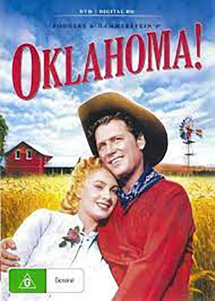Oklahoma!" DVD cover featuring a cowboy, a woman, and a wheat field.