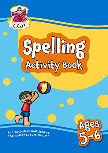 Colourful activity book with spelling exercises for children aged 5-6, illustrated cover and interior pages.