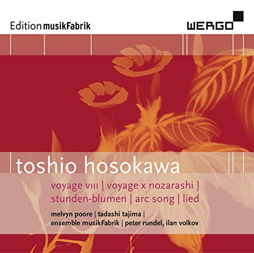 CD cover with red background, orange floral illustrations, and white text listing artist and works.
