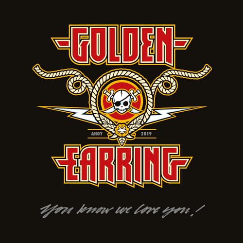 Golden Earring logo with skull, ropes, and lightning bolts on black.