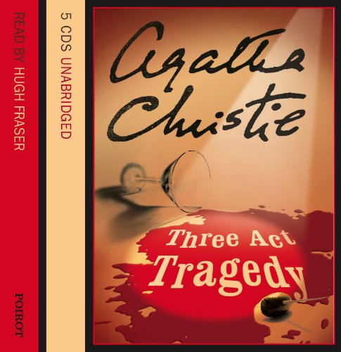 Agatha Christie’s “Three Act Tragedy” audiobook cover with wine glasses and red splatters.