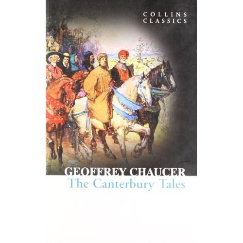 Book cover of "The Canterbury Tales" depicting medieval pilgrims on horseback.