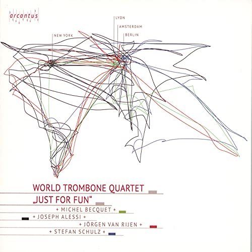 CD case with four trombone players and musical notes on the cover art.