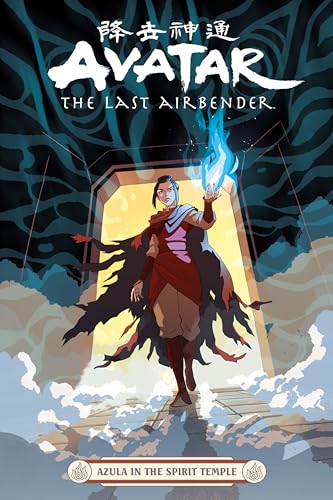 Azula from Avatar: The Last Airbender stands before a glowing temple entrance.
