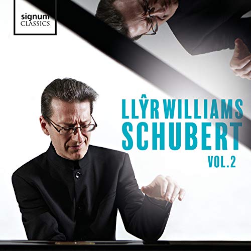 CD cover featuring pianist Llyr Williams and text “Schubert Vol. 2”.