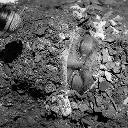 Black and white image of a vinyl record partially buried in dirt and debris.