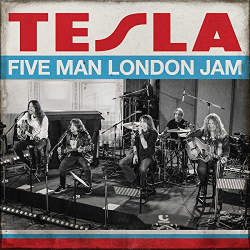 Tesla album cover featuring a band performing live in a room.