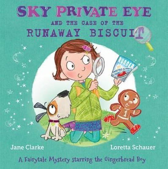 Girl detective with magnifying glass, dog, and gingerbread boy on book cover.