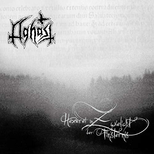 Black and white album cover with band logo, trees, and fog.