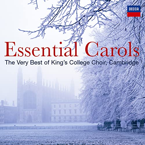 CD cover: snowy King’s College, Cambridge, with “Essential Carols” text.