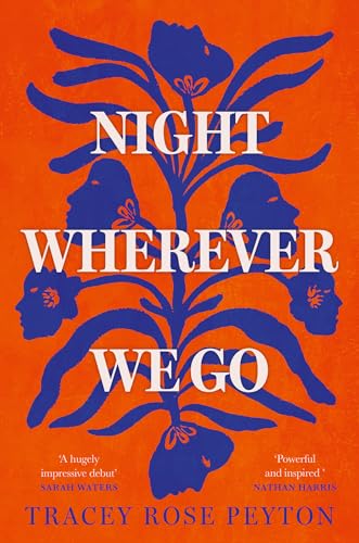 Book cover with blue floral shapes and profile silhouettes on orange.
