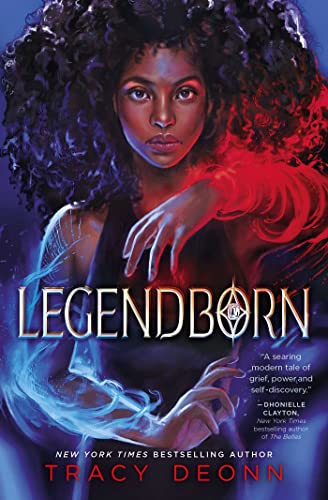 Book cover with fantasy artwork, featuring a young woman with sword and dark background.