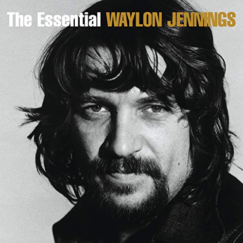 Black and white portrait of Waylon Jennings, album cover for “The Essential.”