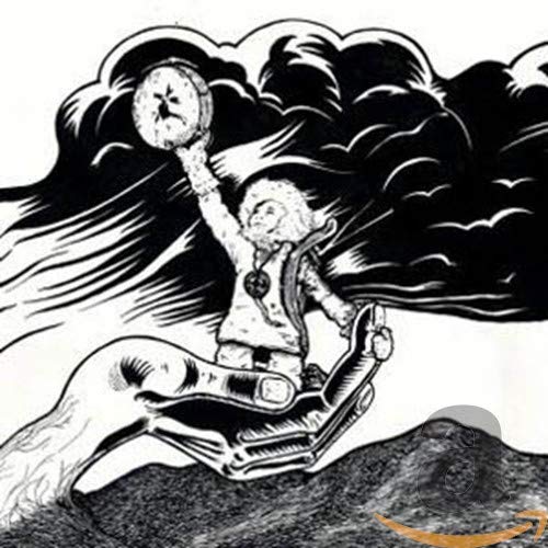 Black and white illustration of a figure riding a hand under clouds.
