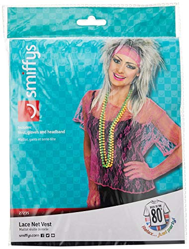 Smiffys Lace Net Vest with Gloves and Headband - Neon Pink