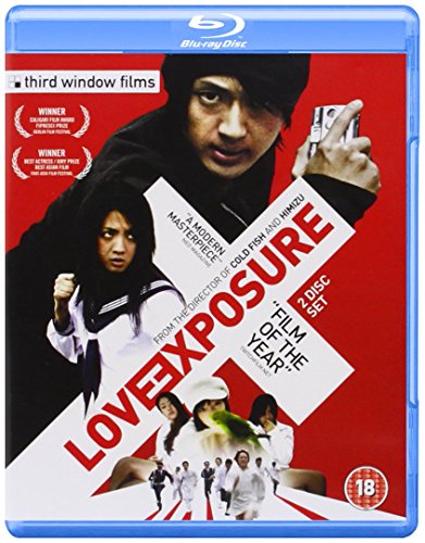 “Love Exposure” Blu-ray cover featuring characters with guns and school uniforms.