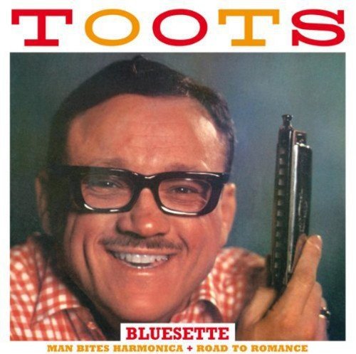 Toots Thielemans wearing glasses and a checkered shirt, holding a harmonica, album cover art.