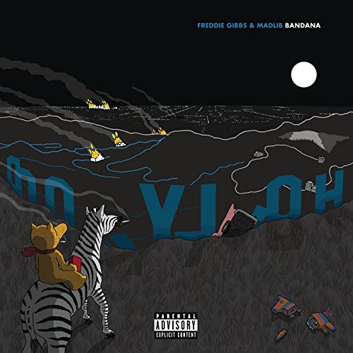 Album cover for Freddie Gibbs & Madlib's "Bandana" featuring a zebra and cityscape.