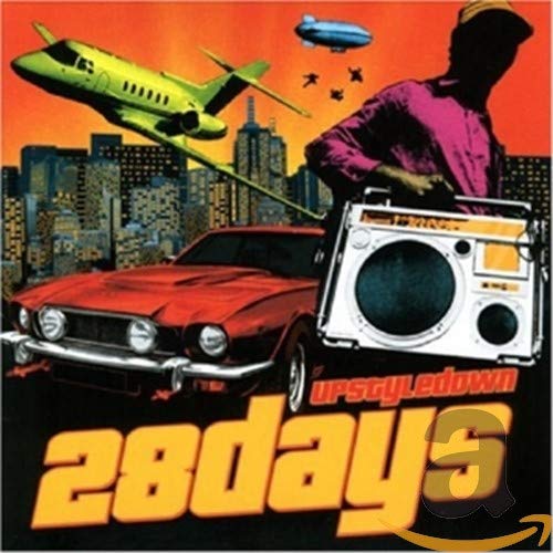 CD cover with planes, a car, boombox, and city skyline.