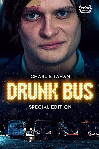 Drunk Bus" DVD cover featuring Charlie Tahan with a bruised face, buses below.