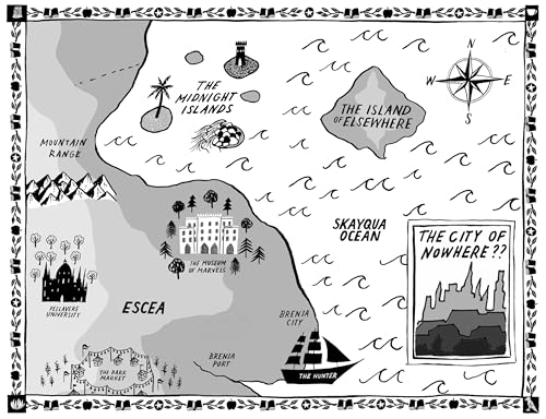 Black and white illustrated fantasy map showing islands, a city, and the Skayqua Ocean.