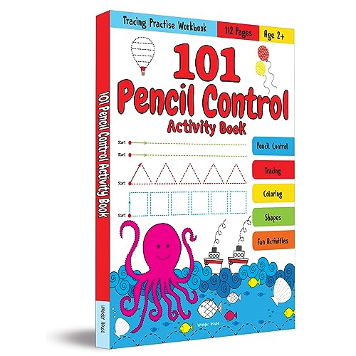 Kids’ activity book cover with tracing lines, shapes, and an octopus.
