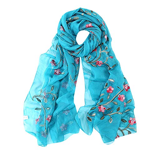 Turquoise chiffon scarf with embroidered pink and red floral details.