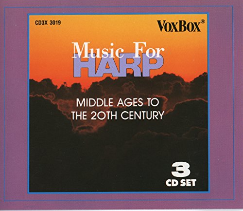 CD case for "Music For Harp" with orange and purple design.