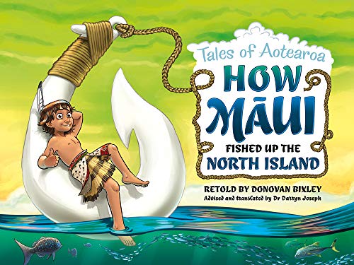 Illustration of Maui sitting on a large fishhook over blue water.