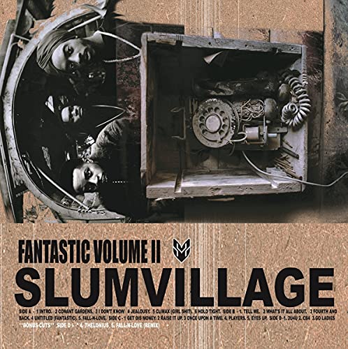 Slum Village “Fantastic Vol 2” vinyl record cover with vintage machinery imagery.
