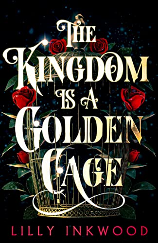 Book cover: golden birdcage with red roses, dark starry background.