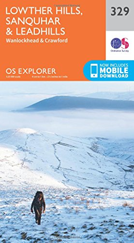 Ordnance Survey Explorer map cover showing a hiker on a snowy Lowther Hills landscape.