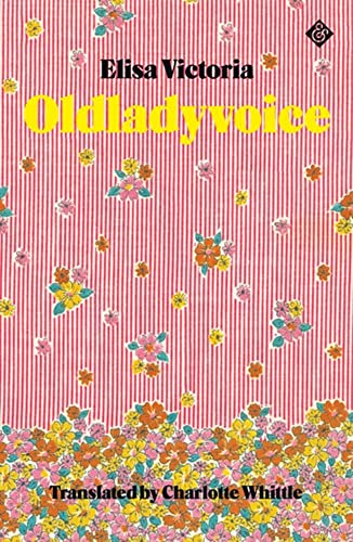 Book cover with pink vertical stripes, floral pattern, and yellow text Oldladyvoice.